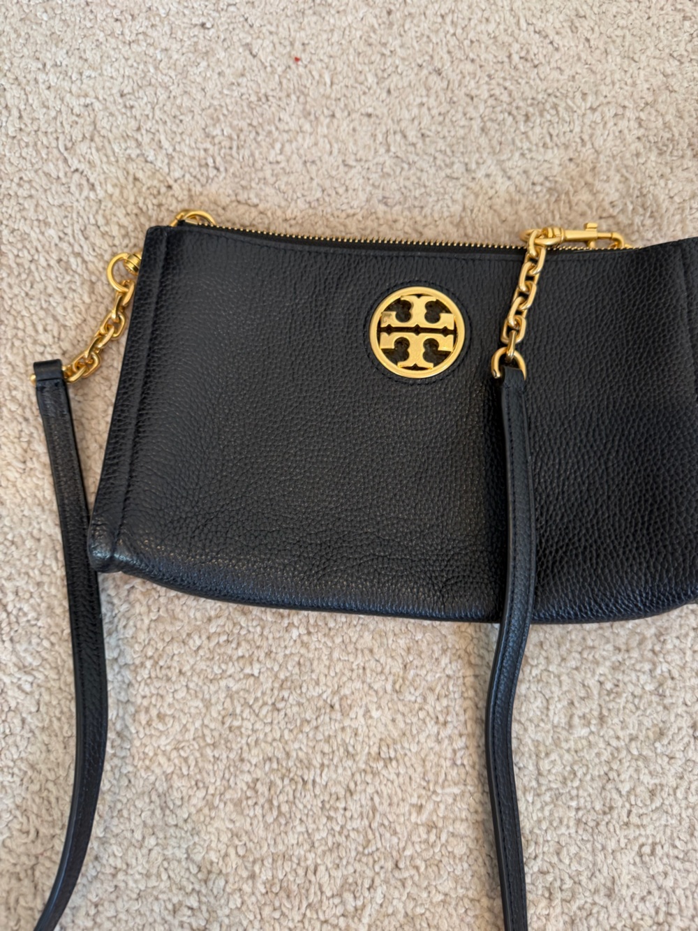 Tory Burch Black Pebbled Leather Crossbody with Gold Logo Accent